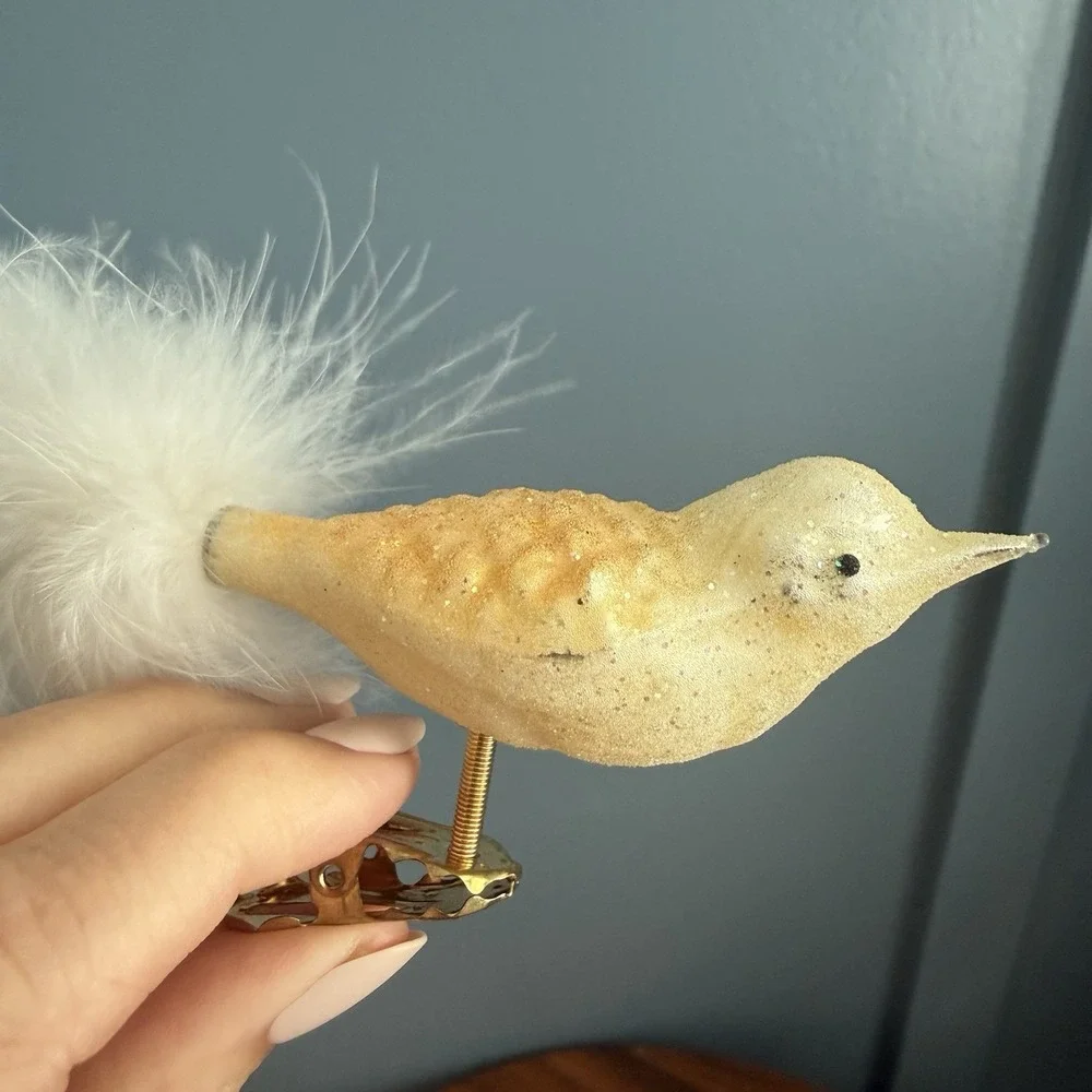 Vintage Glass Clip On Bird Ornaments 4‎ Cardinal Feather Tail Glitter German F/W